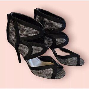 Caparros Shoes 4" Heel Black Metallic Silver Open Toe Zipper Booties Size 6 1/2